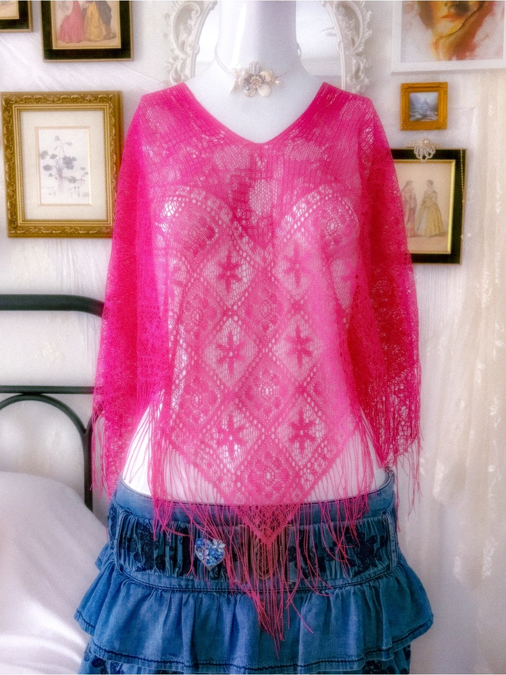 Boho hippie lace crochet fringe pink poncho shawl